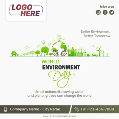 World Environment Day 2026: Create Wishes with Your Logo & InfoWorld Environment Day banner with a green cityscape, Earth held by hands, and eco message text beneath the title.