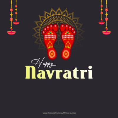 211+ Navratri Festival Wishes & Messages for Family & FriendsNavratri greeting with red embellished feet over a gold mandala, hanging lamps on the sides, and the text 'Happy Navratri'
