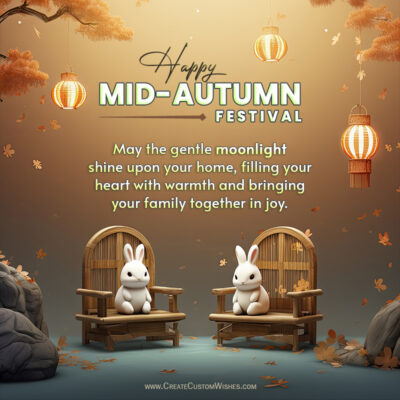 340+ Mid-Autumn Festival 2026 Wishes, Greetings & StatusTwo white rabbits sit on wooden chairs under hanging lanterns for a Happy Mid-Autumn Festival greeting.