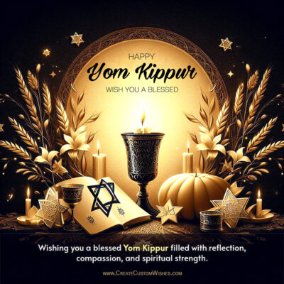 420+ Yom Kippur 2026 Wishes, Greetings & Status UpgradesGolden Yom Kippur greeting with candles, stars, and ornate black‑and‑gold décor; text reads 'Happy Yom Kippur' and 'Wishing you a blessed'.