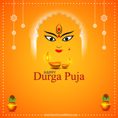 523+ Durga Puja 2026 Editable Designs | Free DownloadBright orange Durga Puja greeting card with a stylized goddess face, glowing arch, and the text 'Happy Durga Puja'