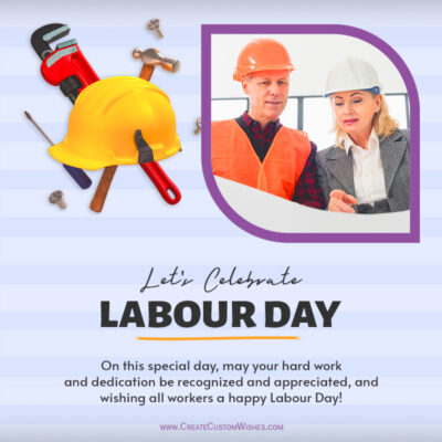 Create Custom Engineers Day 2026 Photo Wishes OnlineConstruction-themed Labour Day greeting with a yellow hard hat, tools, and a framed photo of two workers in safety gear inside a purple border