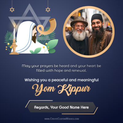 Custom Yom Kippur 2026 Photo Card Maker & Wishes EditorStylized Yom Kippur card featuring a rabbi figure with a shofar on the left and a circular photo of two bearded men, set against a dark blue background with decorative stars and text below.