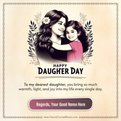 Daughter Day 2026 Wishes Maker: Write Name on GreetingsGreeting card illustration with a mother embracing her daughter, celebrating Daughter Day with a warm message and a customizable name button.