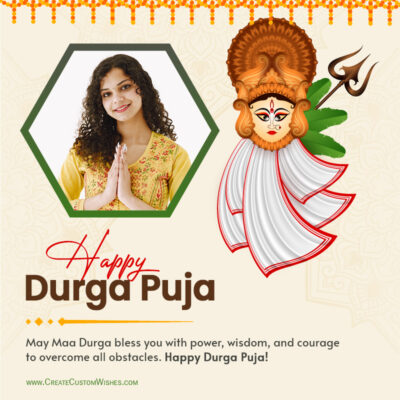 Durga Puja 2026 Photo Wishes Maker | Create Custom CardsGreeting card for Durga Puja with a praying woman in a hexagonal frame and an illustrated Goddess Durga beside her.