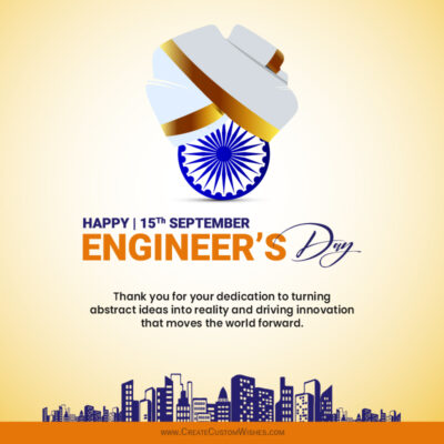 Engineers Day 2026: Unique Wishes, Quotes & StatusPoster for Engineer's Day featuring an abstract wrapped helmet in Indian flag colors above a blue Ashoka wheel, with a city skyline and celebratory text.