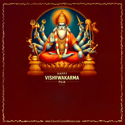 Free Vishwakarma Day 2026 Greeting Card & Wishes MakerVishwakarma with multiple arms seated on a lotus, holding tools, in a gold-and-red festive frame with 'Happy Vishwakarma Puja' text below.