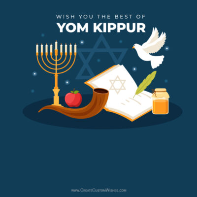 Free Yom Kippur 2026 Templates: 410+ Editable DesignsYom Kippur greeting with a menorah, shofar, Star of David book, apple, honey, dove, and quill on a dark blue background by a commemorative scene.
