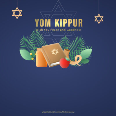 Free Yom Kippur Sameach 2026 Greeting Card Maker OnlineYom Kippur greeting card with Star of David motifs, a prayer book, honey jar, an apple, and green foliage on a dark blue background.