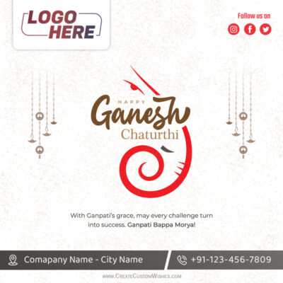 Ganesh Chaturthi 2026 Business Wishes with Your Logo & InfoGreeting card design announcing Ganesh Chaturthi with decorative patterns and a 'Logo Here' placeholder at top left, and social icons at right corner.