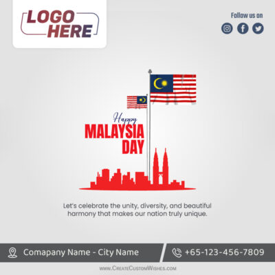Malaysia Day 2026 Business Wishes: Add Your Logo & BrandPromotional Malaysia Day graphic with Malaysian flags, a red skyline, and 'Happy Malaysia Day' text, plus a top-left placeholder logo.