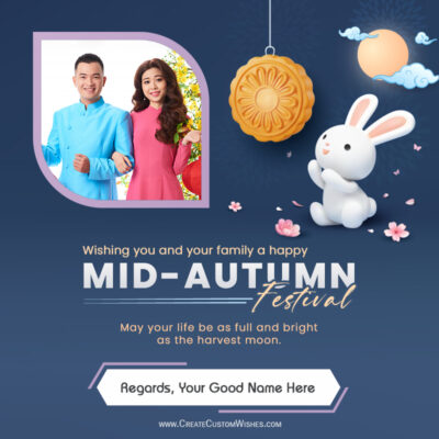 Create Mid-Autumn Festival 2026 Photo Cards with NameGreeting card for Mid-Autumn Festival with a couple portrait, hanging mooncake, bunny, and decorative text.