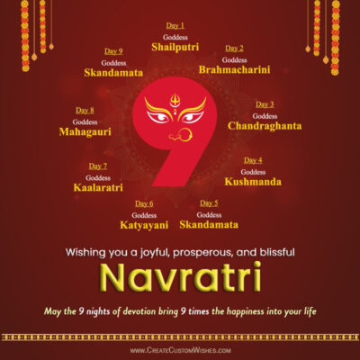 Navratri 2026: Best Wishes, Messages, Status & GreetingsNavratri greeting poster with a central red '9' and gold names of the nine goddesses around it on a maroon background.