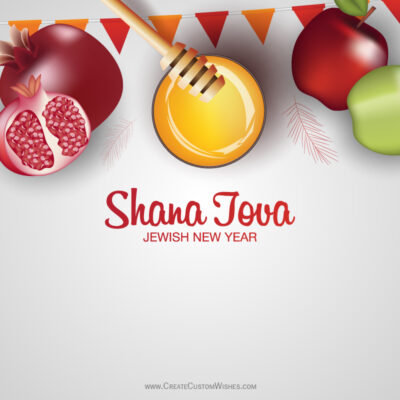 Shana Tova 2026: Free Editable Designs & DownloadsJewish New Year card with apples, pomegranate halves, and a honey dipper above the greeting 'Shana Tova' (Jewish New Year).