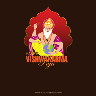 Vishwakarma Day 2026 Templates: 430+ Editable DesignsColorful illustration for a Vishwakarma Puja greeting: an elderly deity with a white beard chisels the Earth, set against a decorative red background with the words 'Happy Vishwakarma Puja'.