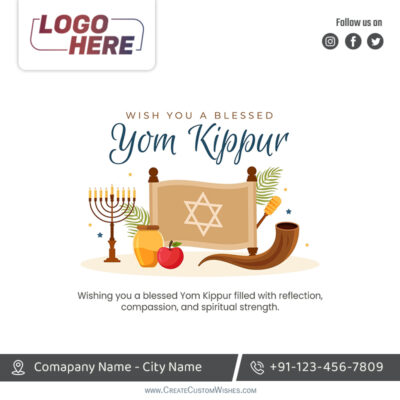Yom Kippur 2026 Business Wishes: Add Logo & Brand InfoYom Kippur greeting card featuring a Torah scroll, menorah, shofar, apple and honey, with a blessing text.
