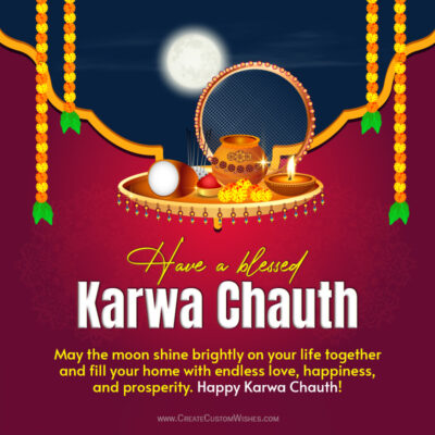 2026 Karwa Chauth Special: Top Wishes, Images & MessagesFestive Karwa Chauth greeting with a full moon, ritual tray of items, marigold garlands, on a maroon background