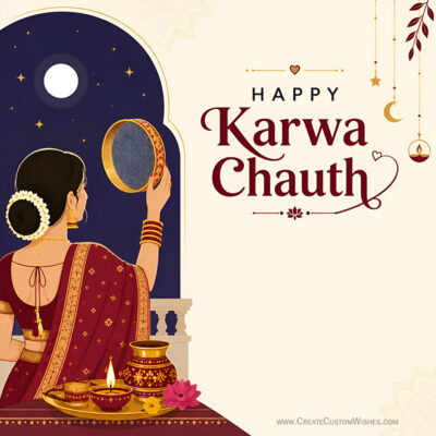 380+ Happy Karwa Chauth Wishes & Messages for WifeGreeting card for Karwa Chauth showing a woman in a red sari holding a sieve before a moonlit arch, with decorative lamps and jewelry nearby.