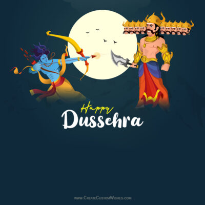 426+ Dussehra Festival Wishes & Messages for Family & FriendsRama shoots an arrow at the ten-headed Ravana under a full moon in a mythological Dussehra scene, with the greeting 'Happy Dussehra' below.
