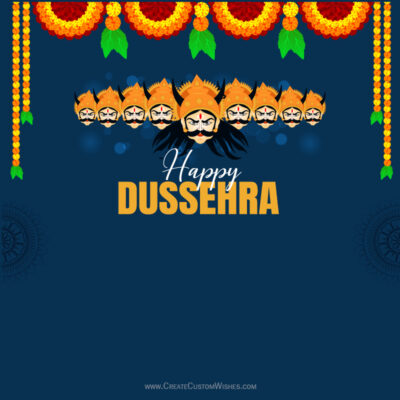 521+ Dussehra 2026 Editable Designs | Free DownloadFestive Dussehra greeting card with a row of stylized gold masks above the text 'Happy DUSSEHRA' on a dark blue background, framed by hanging marigold garlands.