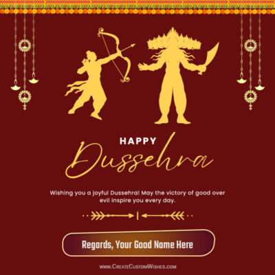 Create Dussehra Festival Wishes with Name – 2026Dussehra greeting card with gold silhouettes of Rama archer facing the demon on a maroon background, decorative top borders, and 'Happy Dussehra' text.