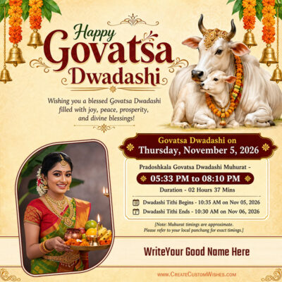 Create Govatsa Dwadashi 2026 Puja Vidhi, Muhurat Card with Photo & NameCreate Govatsa Dwadashi 2026 Puja Vidhi, Muhurat Card with Photo & Name