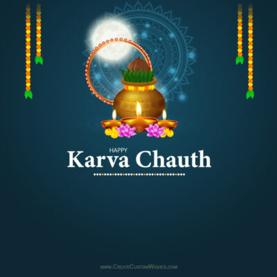 Create Karwa Chauth 2026 Wishes, Status & Cards OnlineKarva Chauth greeting card with a lit clay lamp, moon, pot, and marigold garlands against a blue background.