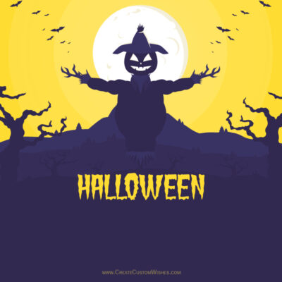 Custom Halloween Cards & Wishes | Personalise OnlineHalloween poster showing a pumpkin-headed scarecrow with arms outstretched under a full moon and the word HALLOWEEN.