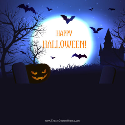 Design Custom Halloween 2026 Wishes & Cards in MinutesFull moon over a spooky yard with bats, bare trees, a carved jack-o'-lantern, tombstones, a haunted house, and 'Happy Halloween!'