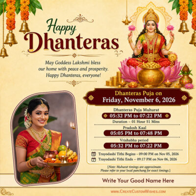 Dhanteras 2026 Puja Vidhi & Muhurat Card Maker with PhotoDhanteras 2026 Puja Vidhi & Muhurat Card Maker with Photo