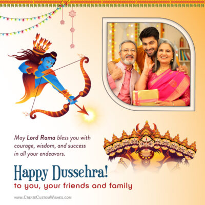 Free Dussehra 2026 Card Maker: Create Photo Wishes OnlineDussehra greeting card with Lord Rama arching an arrow beside a framed photo of a smiling family and festive lights in warm colors.