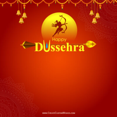 Free Dussehra 2026 Wishes & Greeting Card GeneratorFestive Dussehra greeting on a red gradient background, with a golden sun, a silhouette of Rama drawing a bow, and the text 'Happy Dussehra'.