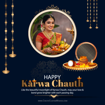 Karwa Chauth 2026 Photo Wishes – Free Online Card MakerSmiling Indian woman in a red-gold saree with jewelry, holding a lit thali for Karwa Chauth on a navy greeting card background