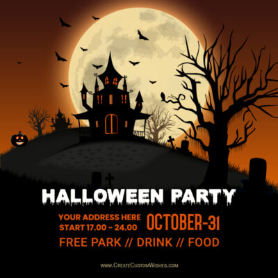 Personalised Halloween Greetings & Party InvitationsHalloween party poster with a haunted house on a hill, full moon, bats, bare trees, and orange event text.