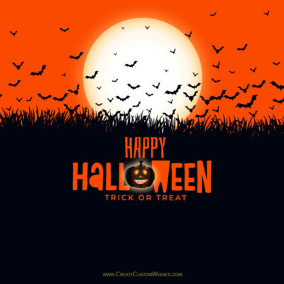 Spooky Custom Halloween Cards | Make Wishes OnlineHalloween greeting poster with a glowing white moon, many bats in the orange sky, and bold orange 'Happy Halloween' text over dark ground.