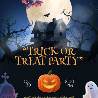 Unique Halloween 2026 Wishes & Custom Party InvitationsHalloween party poster with a full moon, haunted house, bats, and a carved pumpkin centerpiece.