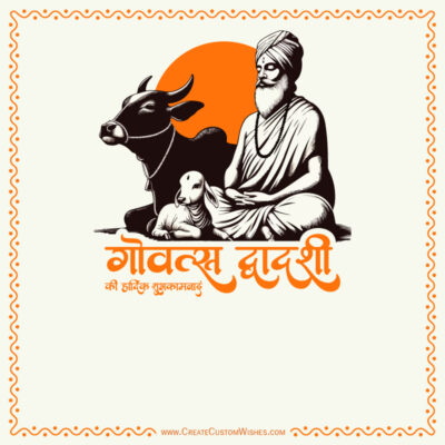 गोवत्स द्वादशी 2026: वसु बारस हार्दिक शुभकामनाएं व स्टेटसIllustration of a bearded sage sitting with a cow and calf in front of an orange sun, surrounded by an ornamental border; Hindi greeting text at bottom, styled like a traditional Indian celebratory card.