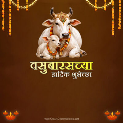 वसुबारसच्या 2026 शुभेच्छा कार्ड मोफत बनवा – ३५०+ कार्ड्सWhite cow and calf wearing flower garlands and ornate headpiece, with festive marigold lamps and string lights; text reads 'हार्दिक शुभेच्छा' meaning heartfelt wishes.