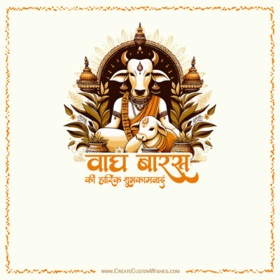 वाघ बारस विशेज कार्ड फ्री बनाएं | 280+ नए रेडी डिजाइन्सSacred cow and calf in an ornate Indian illustration with floral motifs and Hindi greeting text on a cream card.