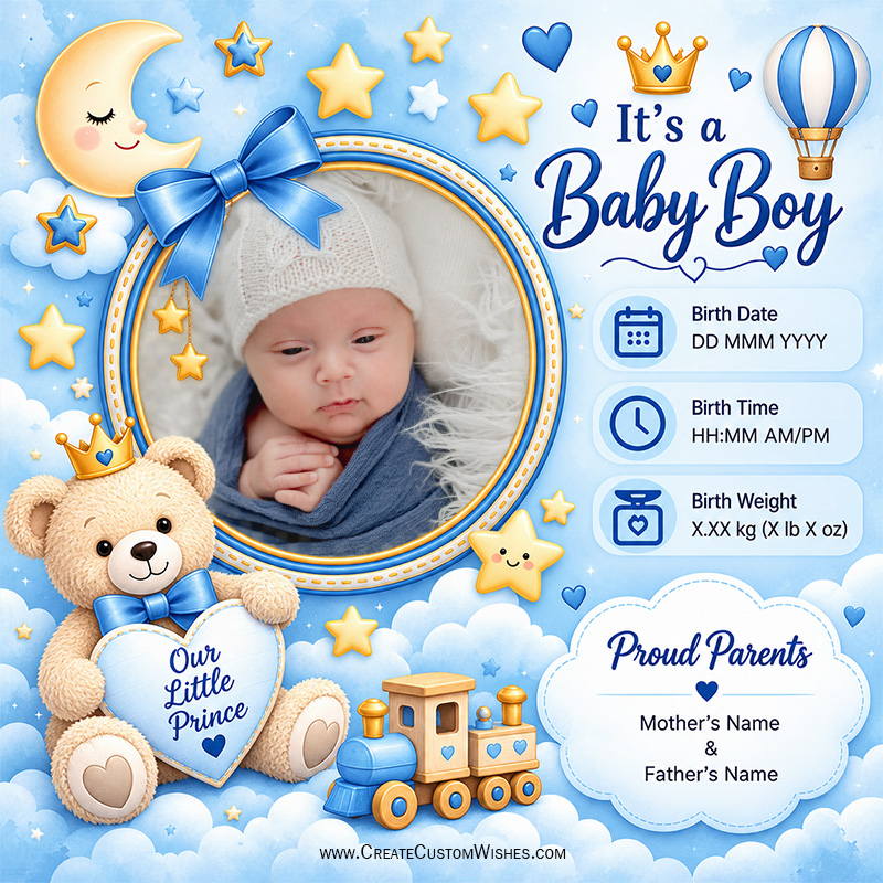 Baby Boy Birth Announcement with Photo, Date & Weight