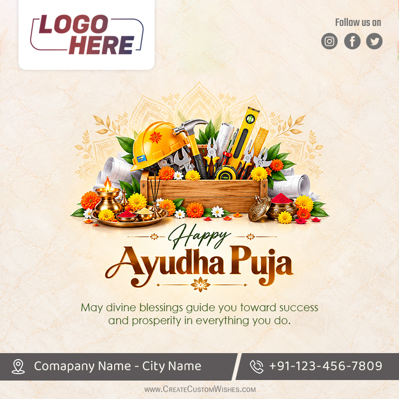 Ayudha Puja Business Greeting Cards with Logo & Details