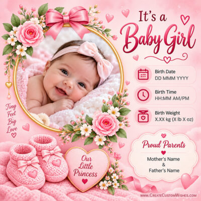 2026 Baby Girl Announcement Card: Photo, Date & Weight2026 Baby Girl Announcement Card: Photo, Date & Weight