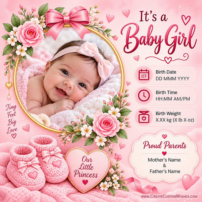 Baby Girl Announcement Card: Photo, Date & Weight
