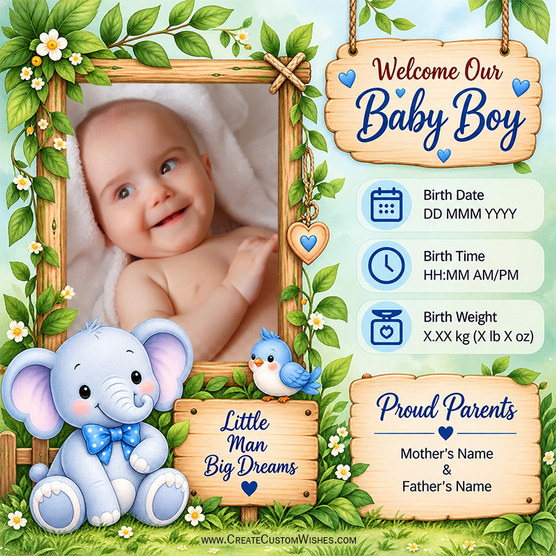 Create Baby Boy Birth Announcement Card with Photo Online