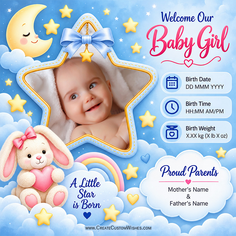 Create Baby Girl Birth Announcement Card with Photo